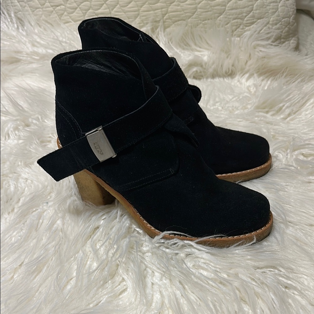 UGG Black Suede Heeled Boots with fur insole